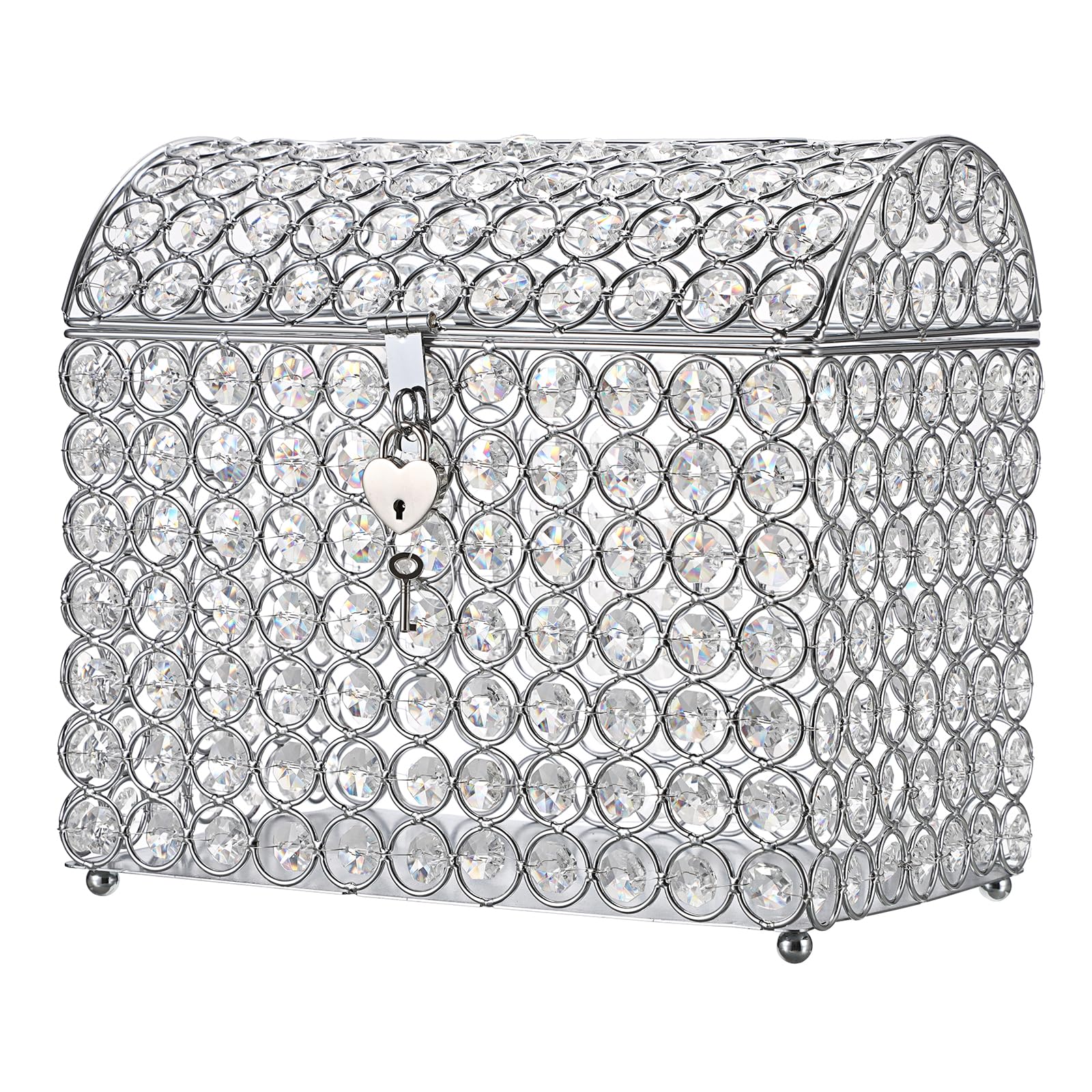 Photo 1 of ELLDOO Crystal Wedding Card Box with Heart Lock, Money Card Box Treasure Chest Style Silver Gift for Wedding Receptions Centerpiece Decor Anniversary Keepsake Gift Display Csae, Medium