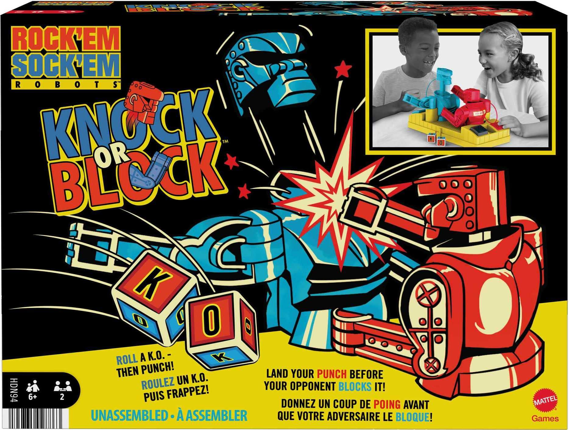 Mattel Games Rock ‘Em Sock ‘Em Robots Knock or Block Edition Boxing Game with Manually Operated Red Rocker and Blue Bomber Figures in Ring, Kids Gift​