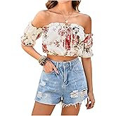 Milumia Women's Floral Off Shoulder Blouse Puff Short Sleeve Frill Trim Tie Front Crop Top