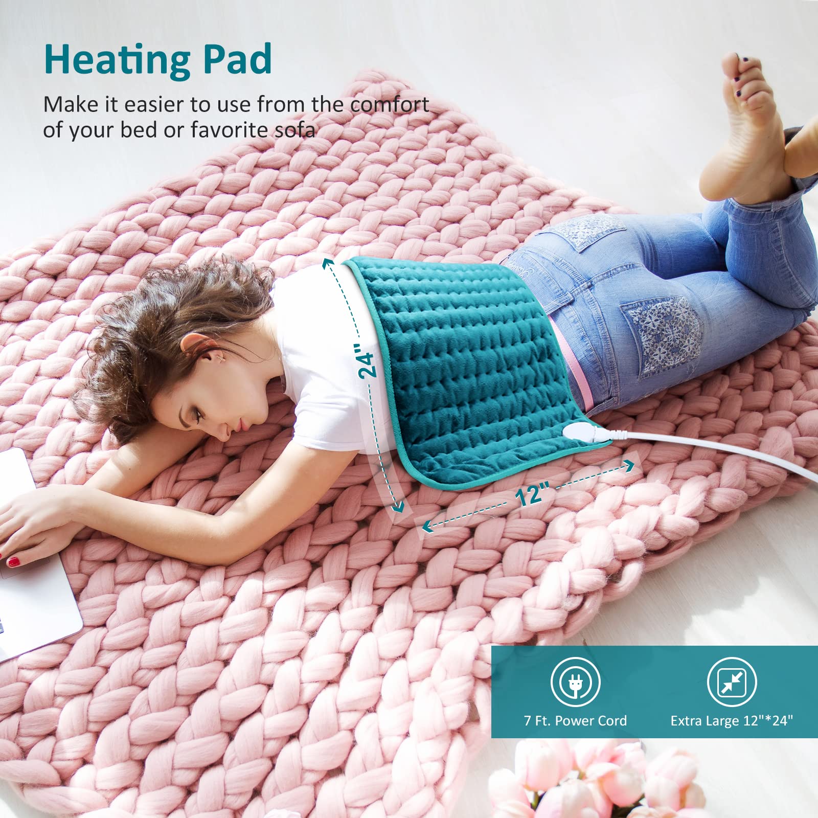 Electric Heating pad for Back/Shoulder/Neck/Knee/Leg Pain Relief, 6 Fast Heating Settings, Auto-Off, Machine Washable, Moist Dry Heat Options, Extra Large 12