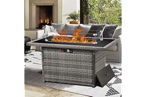 Vakollia Propane Fire Pit Table,44 Inch 55000 BTU Outdoor Gas Fire Pit Rectangular with Glass Wind Guard for Outside Patio Deck (Gray-Glass Top)