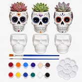 Voittozege Paintable Skull Planter 6 Pack Paint Your Own Ceramic Craft Kit | 3.5 Inch Sugar Skull, Ready-to-Paint Skeleton Ceramic Pots, 12 Color Acrylic Paint Set, Halloween DIY Arts Crafts Use