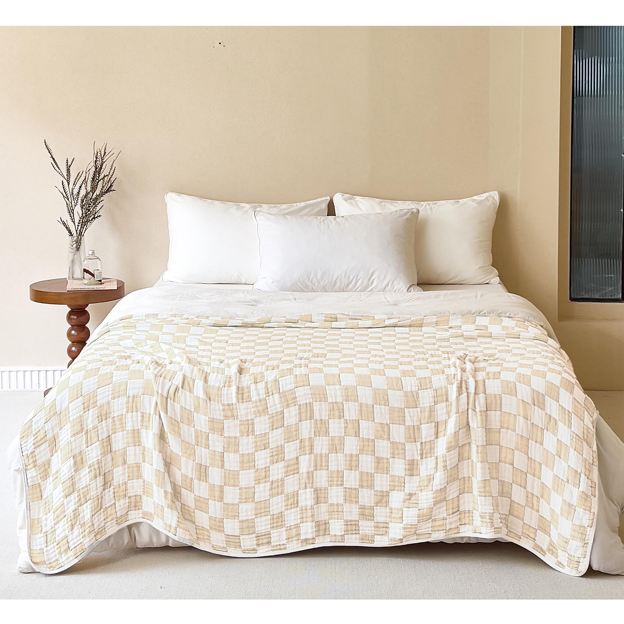 Photo 1 of 100% Cotton Muslin Blanket Cream Checkerboard 6-Layer Gauze King Bed Blanket Lightweight Soft and Breathable Blanket for Couch Bed Coverlet Keep Warm (Cream Checkerboard, King)
