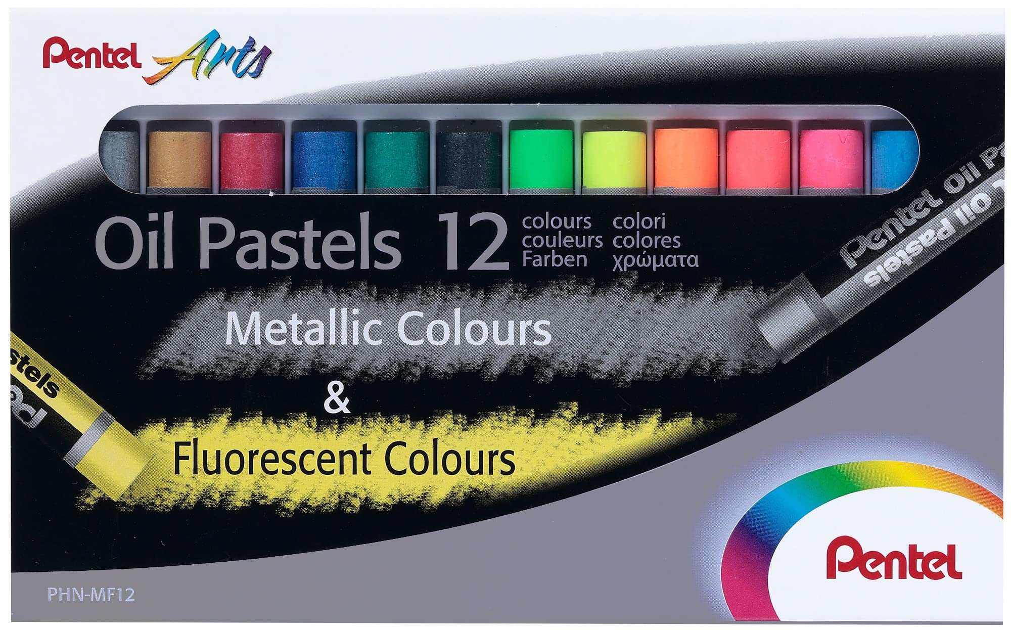 Pentel Fluorescent and Metallic Oil Pastels Set of 12 Assorted Colours, PHN-MF12