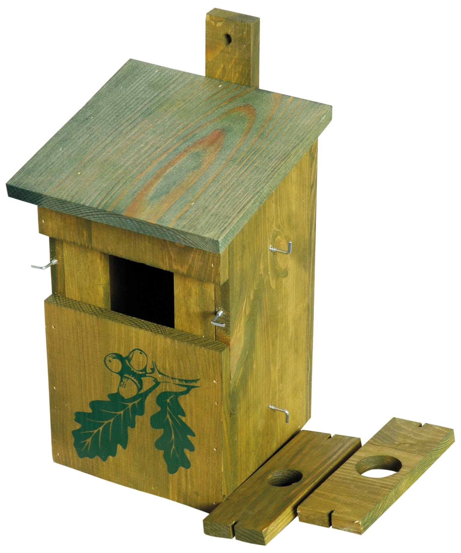 dobar® 22157e Nesting Box Camouflage "Oak" - Nesting Cave Flat Roof with Interchangeable Entrance Holes Diameter 28 mm / Diameter 35 mm & Half Cave - Nesting Aid for Wild Birds - 18.5 x 20 x 32 cm - Green