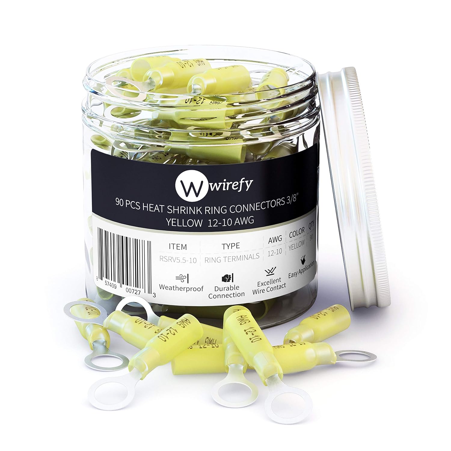 90 PCS Ring Connectors 3/8" Yellow 12-10 AWG - Heat Shrink Connectors - Electrical Connectors - Solderless Wire Connectors - Automotive Marine Ring Terminals by Wirefy
