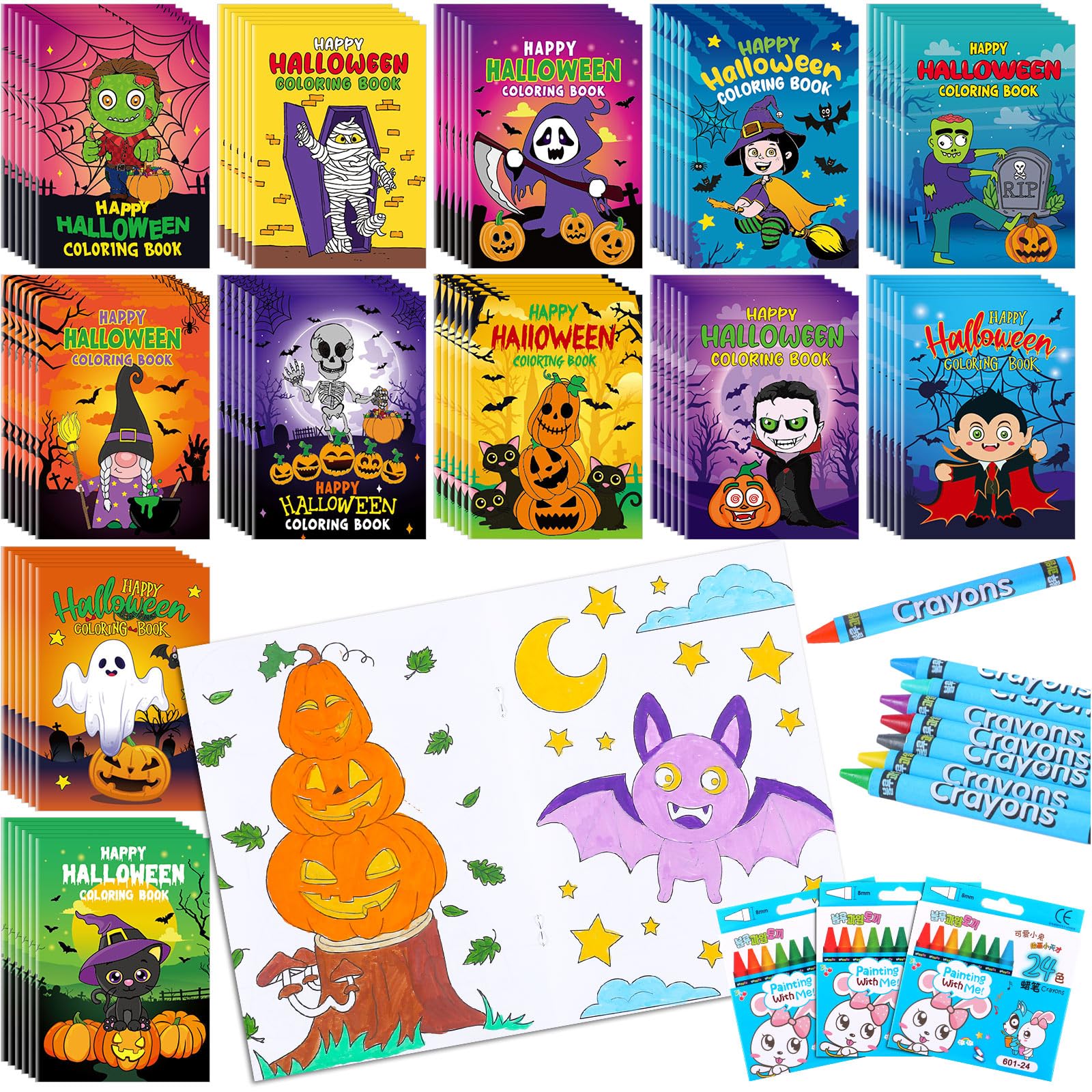 Photo 1 of Fulmoon 144 Pcs Halloween Coloring Book Crayons Set 72 Bulk Mini Halloween Coloring Book 72 Crayon for Kid Holiday Party Favor Trick or Treat Goodie Gift Bag Stuffer Filler DIY Home Activity Supply