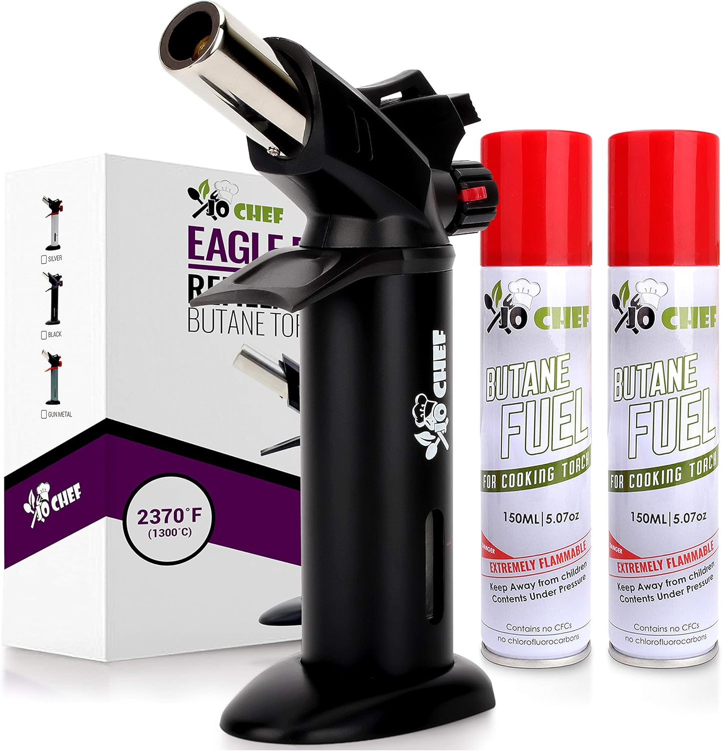 Eagle RX Crème Brûlée Torch – Safest Kitchen Food Torch – Safety Switch, Hand Shield, Fuel Gauge, Ergonomic Matte Black Grip – Culinary Butane Blow Torch 2,370°F – 2 Cans Included by Jo Chef