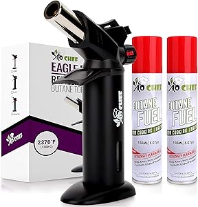 Eagle RX Crème Brûlée Torch – Safest Kitchen Food Torch – Safety Switch, Hand Shield, Fuel Gauge, Ergonomic Matte Black Grip – Culinary Butane Blow Torch 2,370°F – 2 Cans Included by Jo Chef