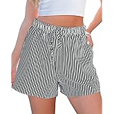 luvamia Striped Shorts for Women High Waisted Beach Casual Drawstring Pull On Elastic Waist Summer Shorts with Pockets