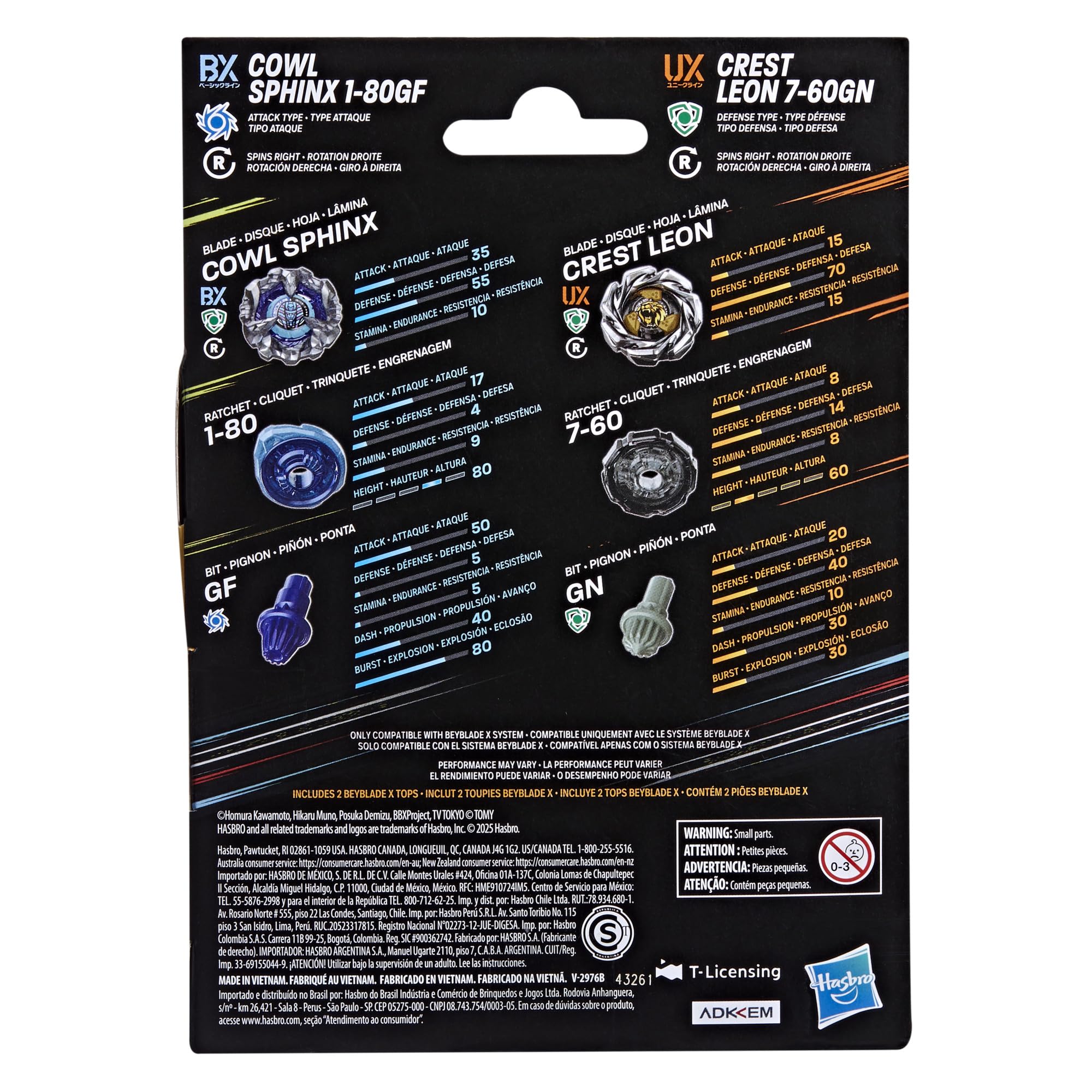 Beyblade X Cowl Sphinx 1-80GF BX & Crest Leon 7-60GN UX Dual Pack Set with 2 Right-Spinning Tops; Authentic Takara Tomy Battle Tops; Games/Toys for Boys & Girls 8+