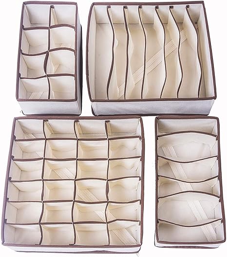 Amazon Finesunshine 下着収納 収納ボックス 折り畳み 4点セット ブラ収納 引き出し仕切り 不織布 下着 靴下 小物収納 ベージュ 衣類用引き出し仕切り オンライン通販