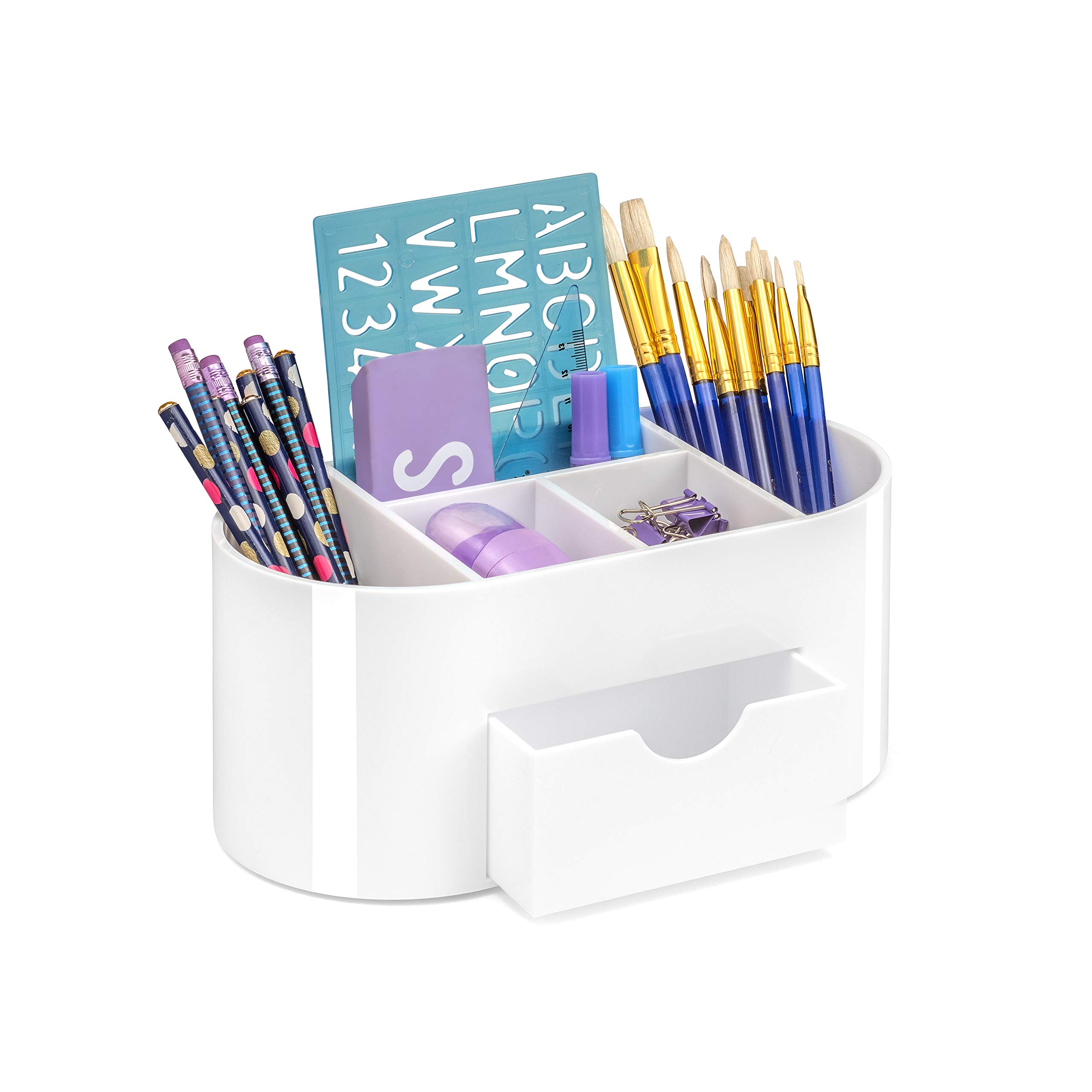 Osco White Plastic Desk Organiser with Drawer, 6-Compartment Stationery Holder & Pen Pot, Desk Tidy Storage Box for Home Office, Makeup Brush & Cosmetic Organiser, H10.5 × W23 × D12 cm