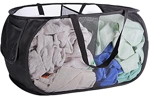 XIAYAN collapsible Mesh Popup laundry basket，2 Compartments-Laundry Hamper with Strong Handles ，Easy to Open and Fold for Dorm, Laundry Room, Bedroom, RV (Black)…