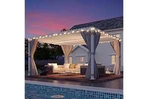 MELLCOM 10x12ft Louvered Pergola with Curtains and Nets, Aluminum Pergola with Adjustable Rainproof Roof, Outdoor Hardtop Pergola for Patio, Backyard, Deck, White