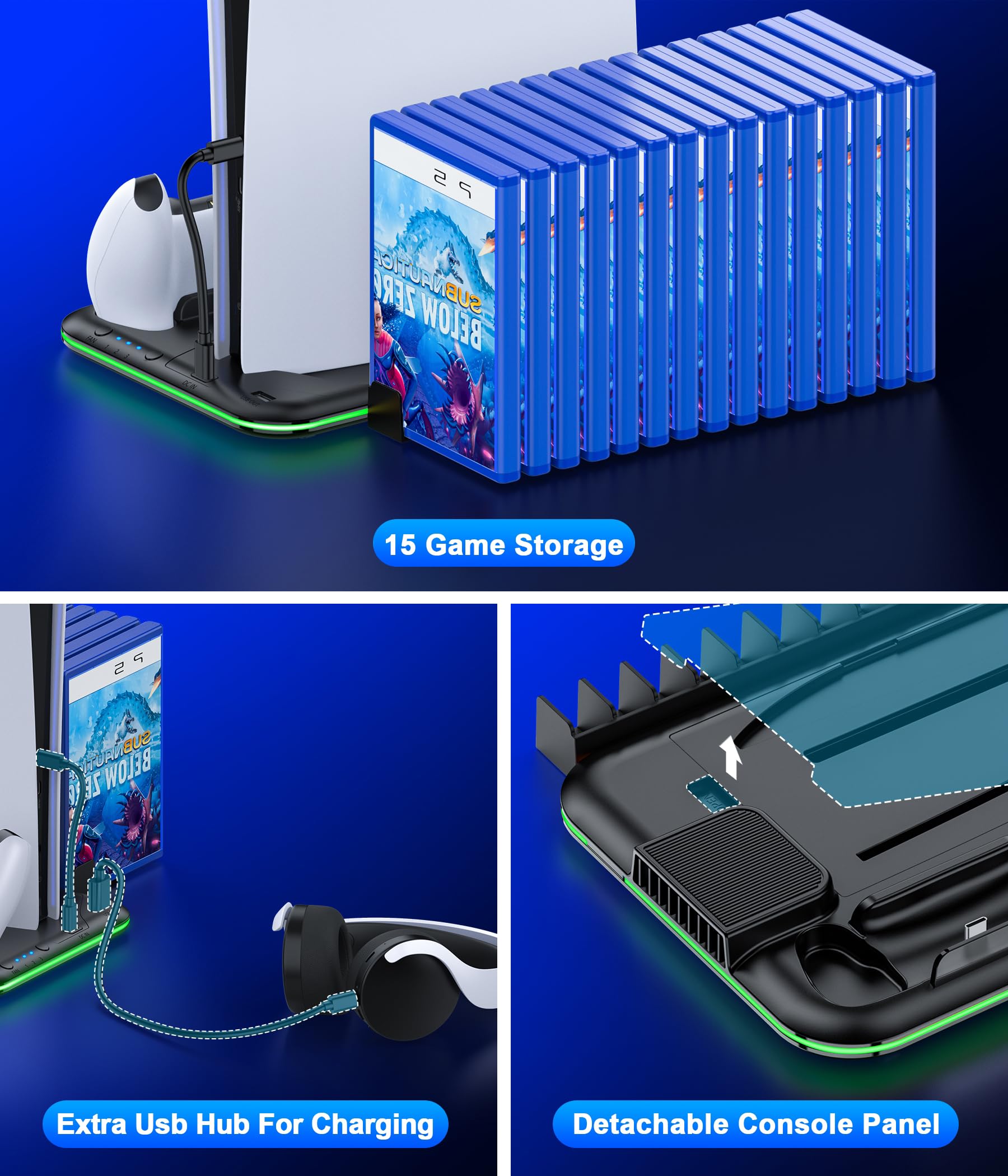 PS5/PS5 Slim Stand and Cooling Station with Controller Charging Station for Playsation 5, PS5 Accessories Kit Incl. 3 Levels Cooling Fan, LED, 15 Game Slot, Headset Holder for PS5 Digital/Disc Console