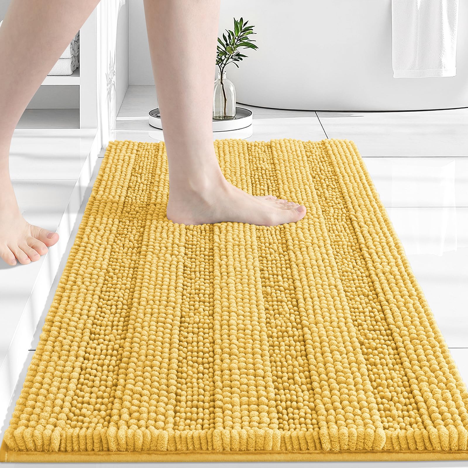 Grandaily Chenille Striped Bathroom Rug Mat, Extra Thick and Absorbent Bath Rugs, Non-Slip Soft Plush Shaggy Bath Carpet, Machine Wash Dry, Bath Mats for Tub, Shower and Bath Room, 24x16, Yellow
