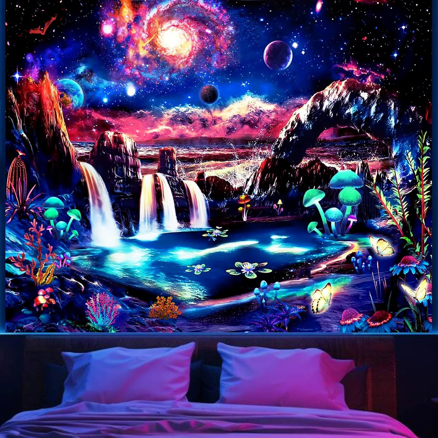 Tapestries - Apdidl Blacklight Galaxy Space Tapestry for Bedroom Aesthetic Mountain Mushroom Wall Tapestry Glow in the Dark UV Reactive Tapestry Decor Waterfall Wave Nature Wall Hanging for Room Decor 51