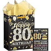 EoBeCy 80th Birthday Gift Bag for Men Women, Black Gold Happy 80th Birthday Gift Bags with Handles, Card and Tissue Papers for 80 Year Old Bday Party Favors Gift Wrapping Supplies