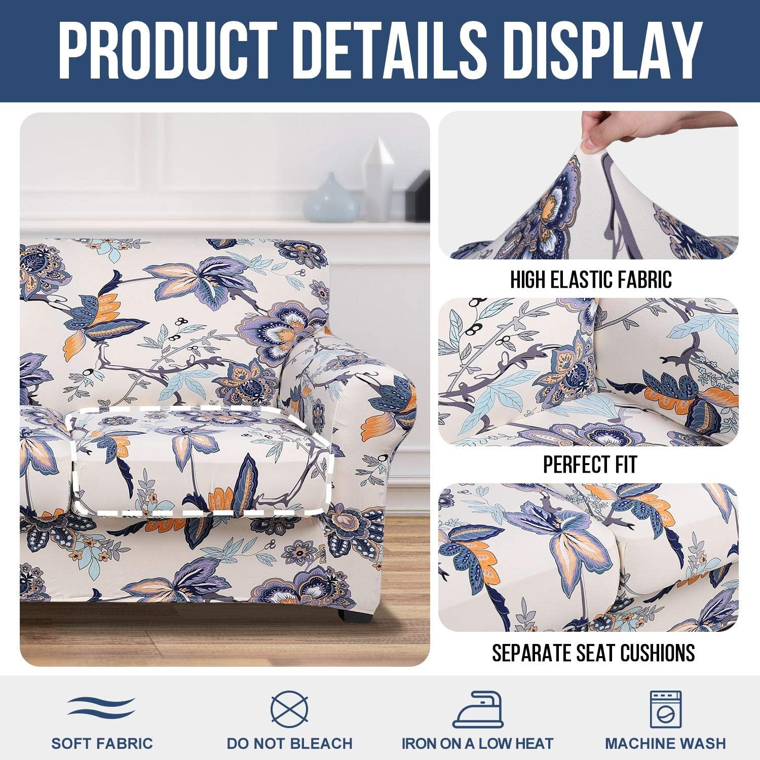 hyha Printed Couch Cover for 3 Cushion Couch - Floral Pattern Sofa Cover with Separate Cushion Cover, 4 Pieces Stretch Sofa Slipcover Washable Furniture Protector (Sofa, Vintage Flower): Home & Kitchen