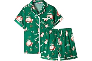 Veseacky Unisex Satin Pajamas Set Boys Girls Silk Pjs Short Sleeve 2 Piece Sleepwear Button-Down Kids Nightwear(4-13T)
