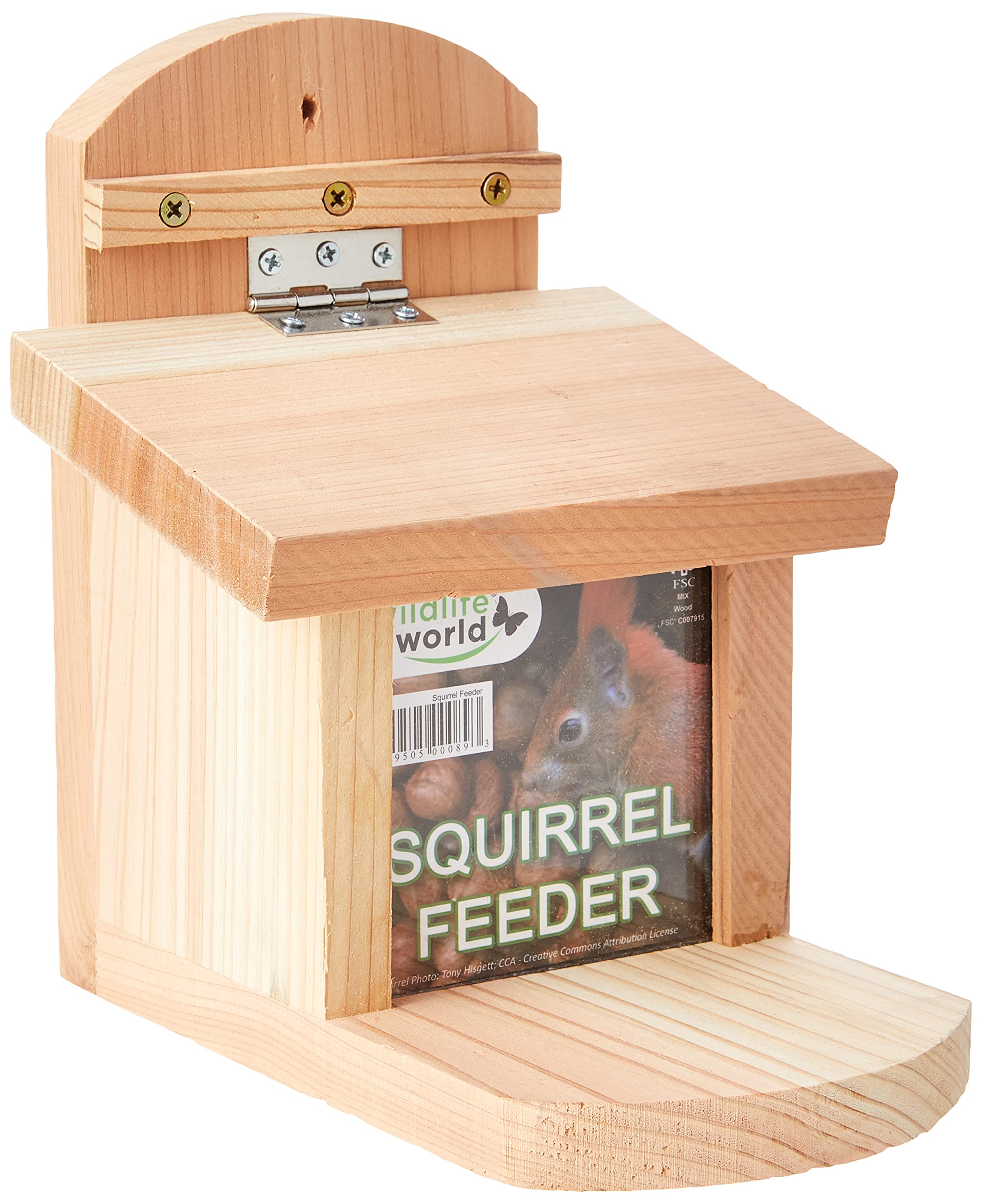 Wildlife World Wooden Squirrel Feeder Box with Lift up Lid, Tried and Tested with special HI SPEC non corrosive hinge and rain baffle bar.