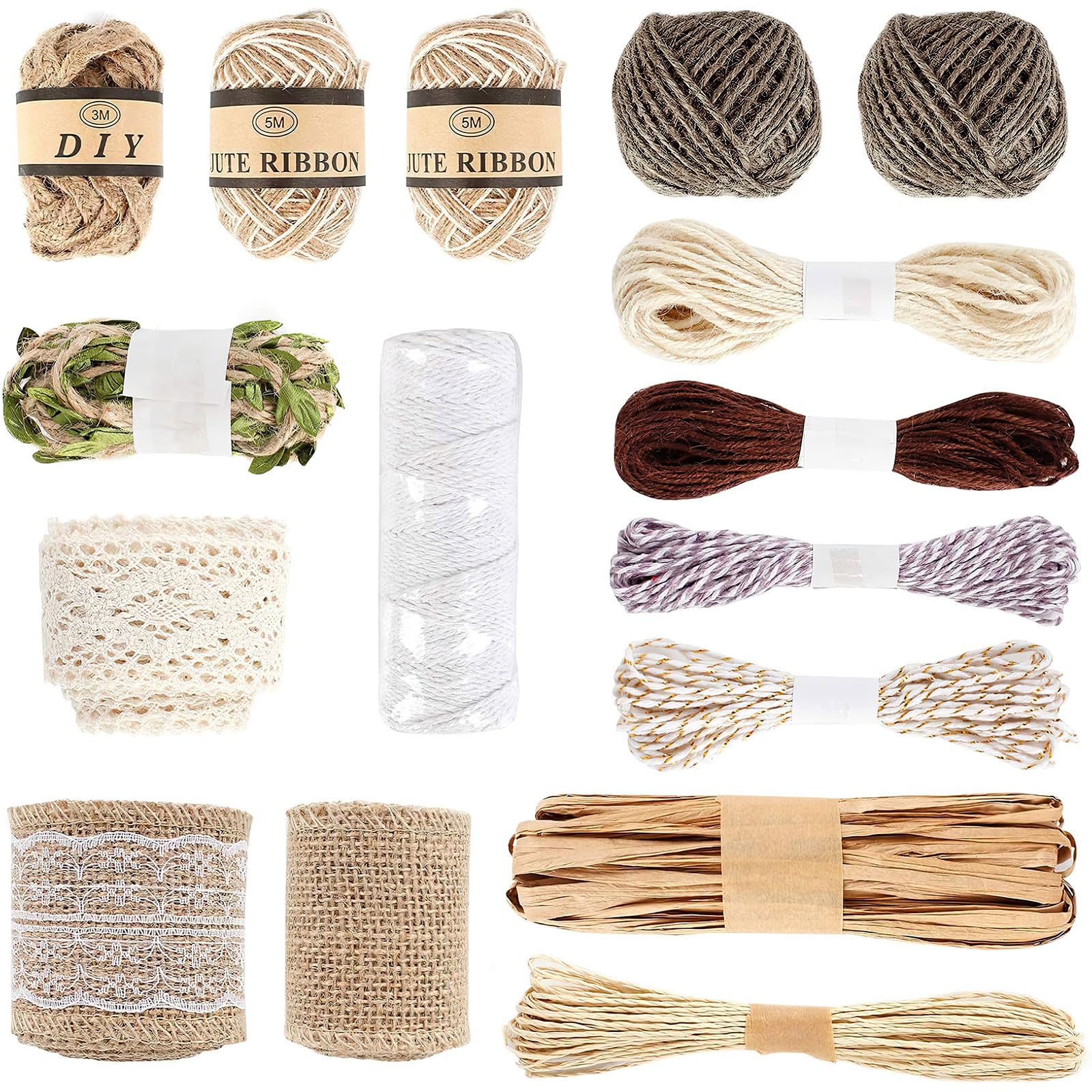 Jubaopen Burlap Lace Ribbon for Flower, 16PCS Burlap Lace Ribbon Set Burlap Ribbon Rolls and Jute Ribbon with Lace for Art Gifts DIY Crafts Wedding Christmas Garden and Home Decoration