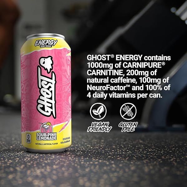 GHOST ENERGY DRINK – 12-PACK, SOUR PINK LEMONADE, 16OZ CANS – ENERGY & FOCUS & NO ARTIFICIAL COLORS – 200MG OF NATURAL CAFFEINE, L-CARNITINE & TAURINE – GLUTEN-FREE & VEGAN