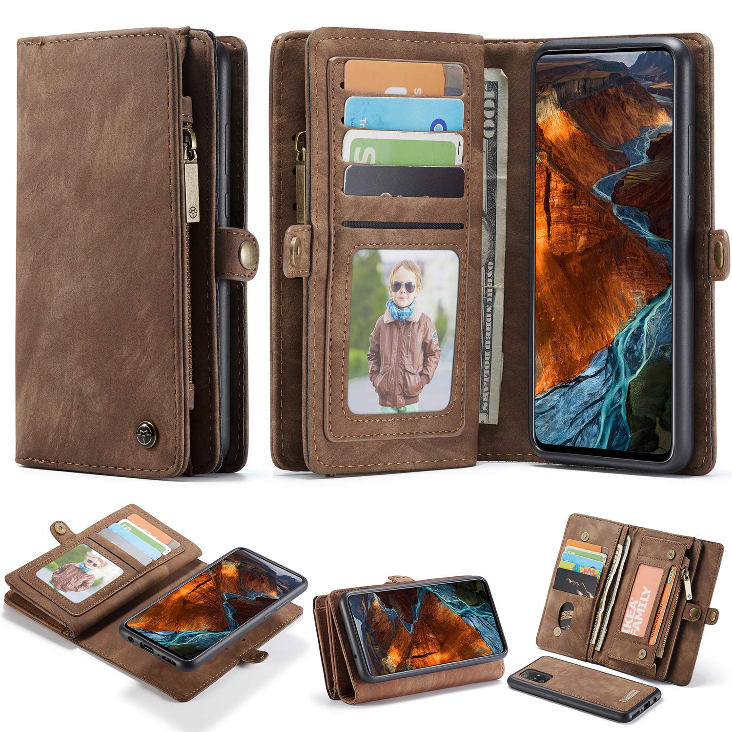 ANROD Detachable Leather Wallet Case for Samsung Galaxy A51,CaseMe Magnetic Closure 2-in-1 Flip TPU Shockproof Zipper Purse Back Cover with Card Slots (Coffee)