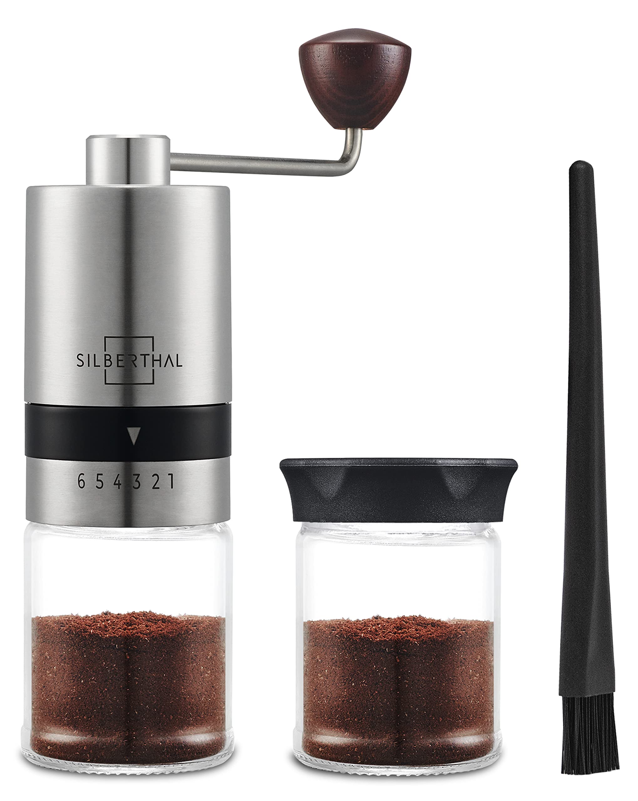 SILBERTHAL Manual Coffee Grinder – Stainless Steel – 6 Adjustable Levels – Portable Coffee Bean Grinder – with Storage Container and Cleaning Brush