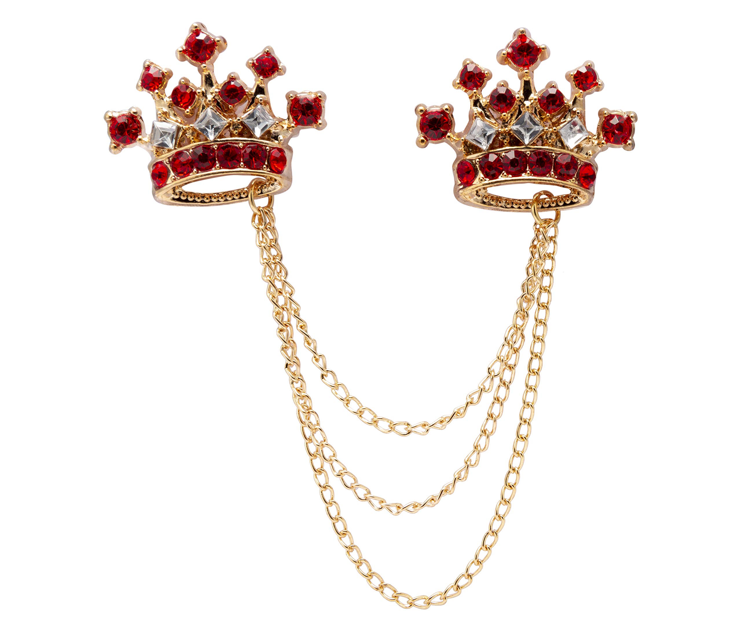 Brooch Lapel Pin for Men Red Stone with Golden Crown Crystal Chain Lapel Pin Badge Coat Suit Wedding Gift Party Shirt Collar Accessories