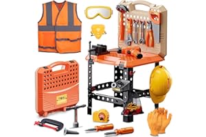 Kids Tool Bench Set,MAGIC4U 95PCS Toddler Tool Workbench with Electronic Drill 13 Tool Equipements,Safety Vest & Hat,Pretend Play Kids Construction Toys Gift for Boys Girls Age 3,4,5,6,7,8
