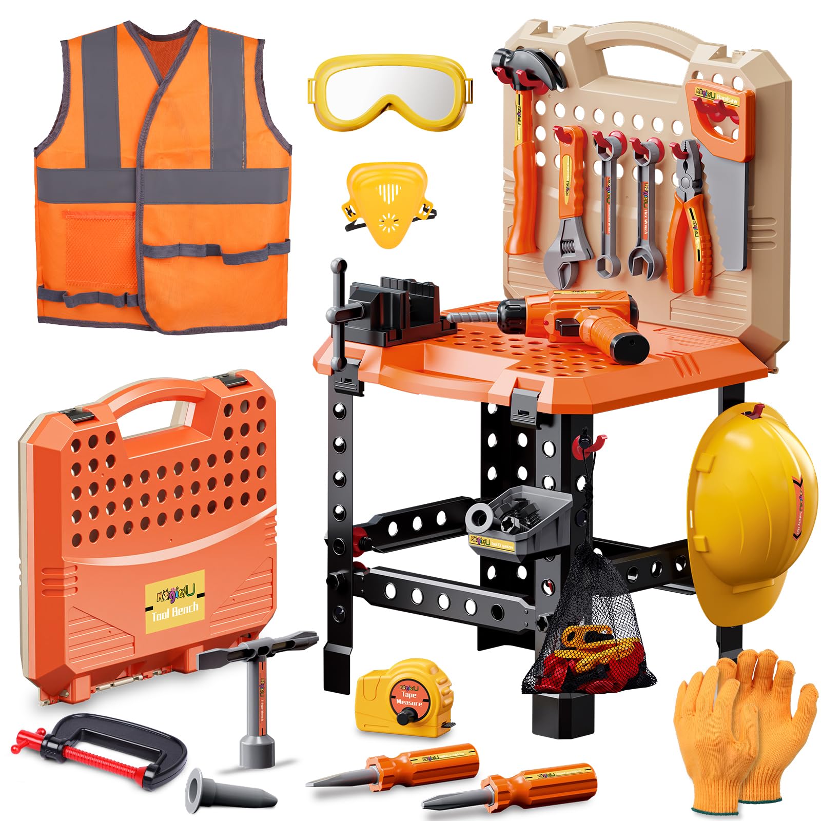 Photo 1 of Kids Tool Bench Set,MAGIC4U 95PCS Toddler Tool Workbench with Electronic Drill 13 Tool Equipements,Safety Vest & Hat,Pretend Play Kids Construction Toys Gift for Boys Girls Age 3,4,5,6,7,8