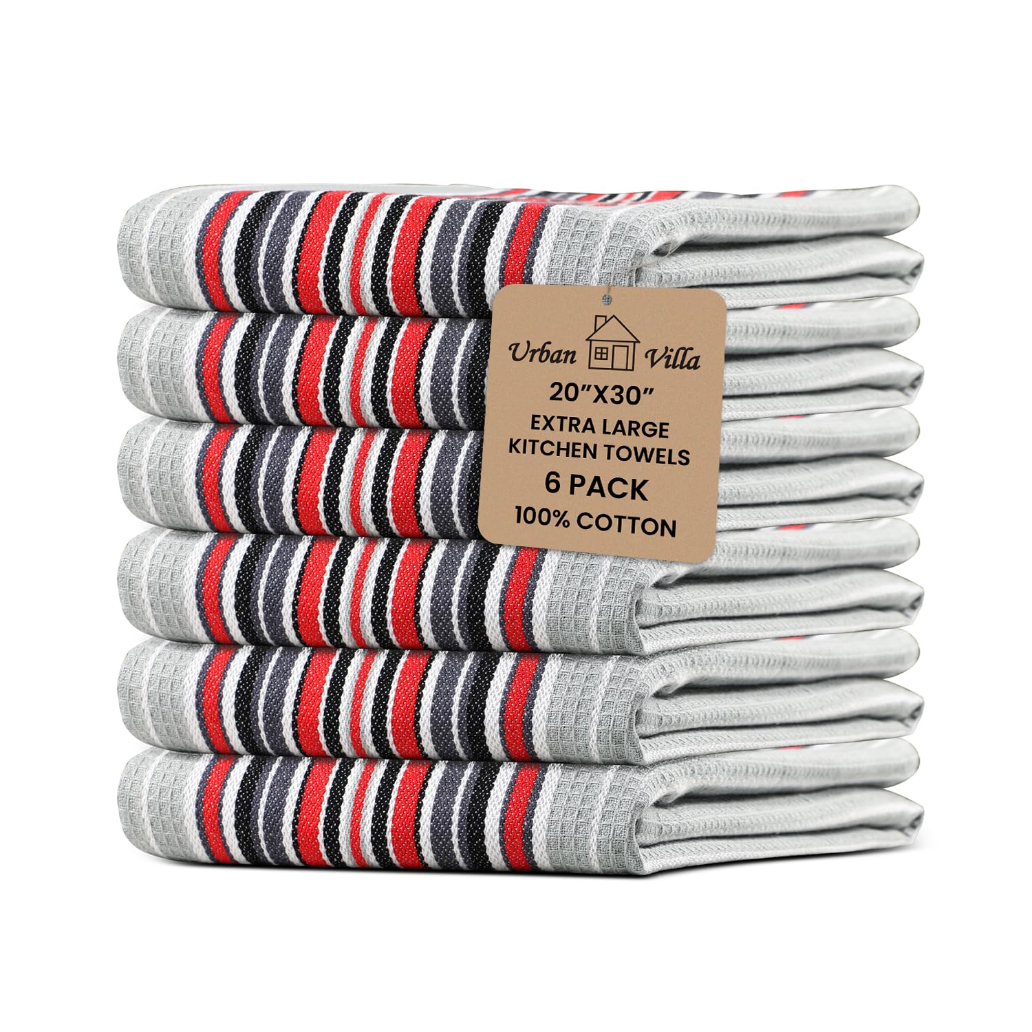 Urban Villa Kitchen Towels, Premium Quality, 100% Cotton Dish Towels,Mitered Corners,Ultra Soft (Size:51x76 CMS), Grey Waffle Stripes, Highly Absorbent Bar Towels & Tea Towels - (Set of 6)