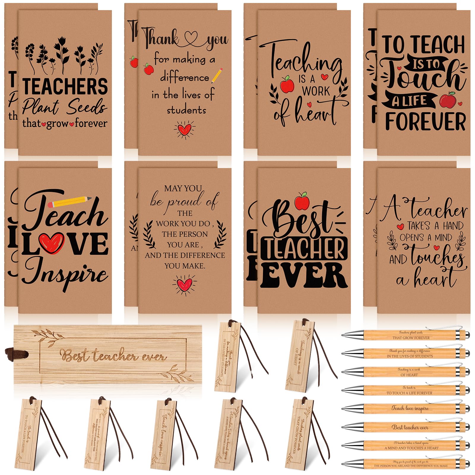 48Pcs Thank You Teacher Appreciation Gifts Bulk Inspirational Motivational Notebooks Ballpoint Pens Bookmarks for End of Term Graduation, Thanksgiving, Teaching Gifts