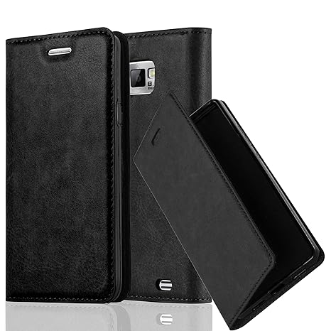 Cadorabo Hülle für Samsung Galaxy S2 / S2 Plus - Hülle in Nacht SCHWARZ – Handyhülle mit Magnetverschluss, Standfunktion und 