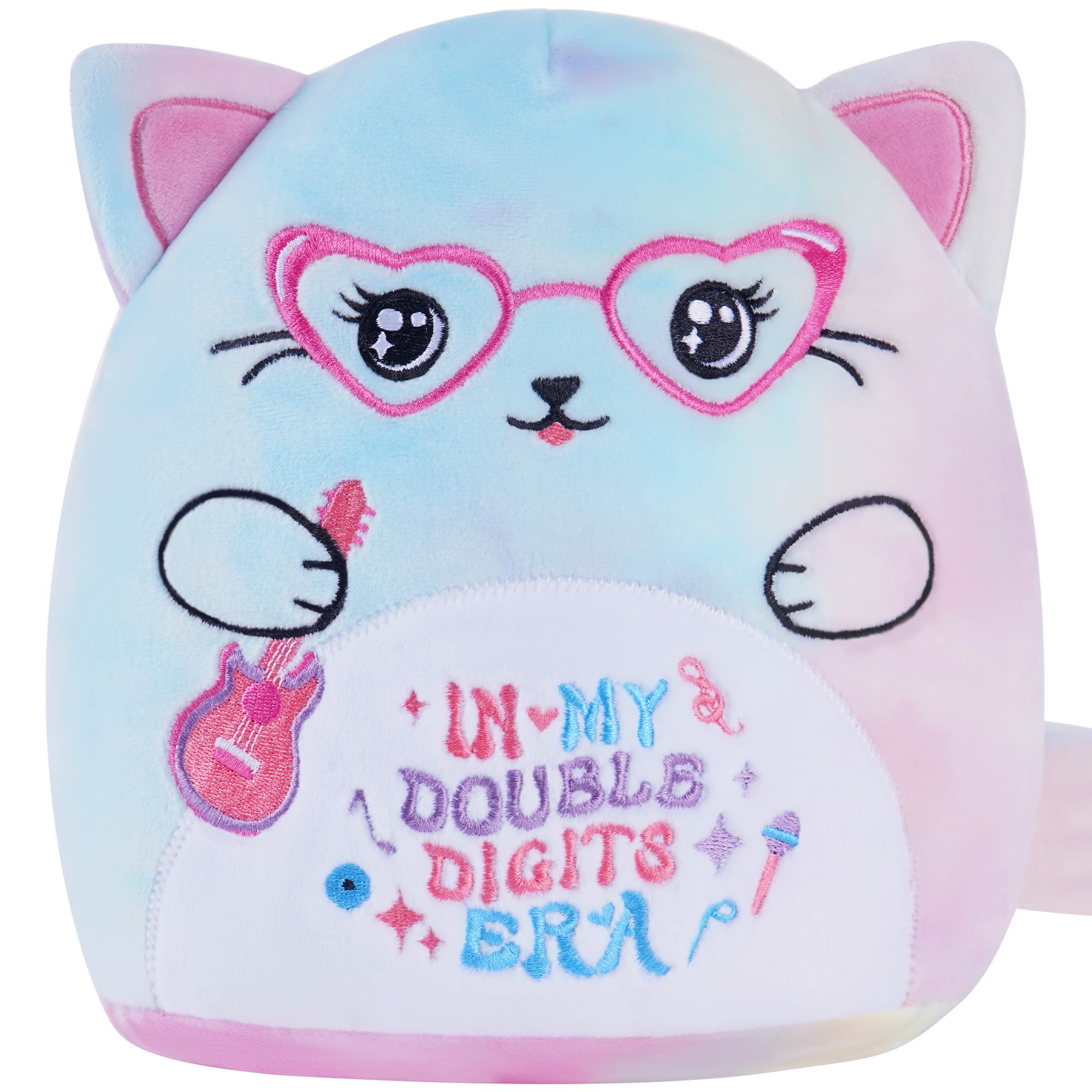 Photo 1 of 10th Birthday Cat Plush Toy, 8 Inch “In My Double Digits Era” Stuffed Animal, Soft Tie Dye Plushie Pillow with Heart Glasses & Guitar, Cute Birthday Gift for 10 Year Old Girls Kids Party Decor
