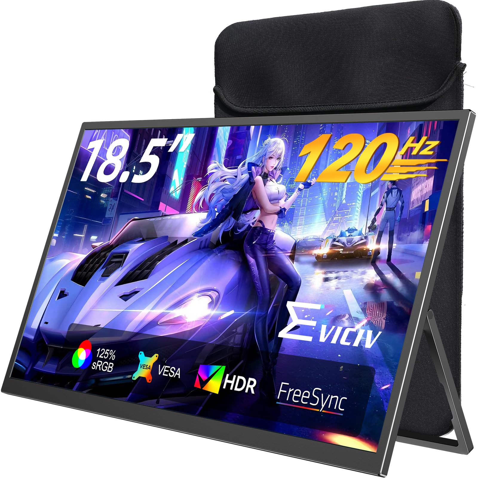 Portable Monitor 18.5” | 120HZ 1ms Gaming Monitor | 125% sRGB | FreeSync, HDR | 350Nits | USB-C & HDMI | VESA & Stand | Large Travel External Second Screen for Laptop, Computer, Game Consoles