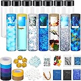 YooNotee 12 Pcs Weather Sensory Bottle Kits 13.5oz Plastic Calm Down Bottle with Lids 7 Styles Stickers Glitter Sequins Filler Acrylic Ice Cubes DIY Calm Down Jar Kit Accessories for Relieving Anxiety