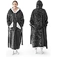 Touchat Wearable Blanket Hoodie as Gifts for Women and Men,Warm and Cozy Large Blanket Sweatshirt,Thick&Long Sherpa Fleece Hooded Blanket with Oversize Pocket and Belt, Winter Gifts,Standard- Grey