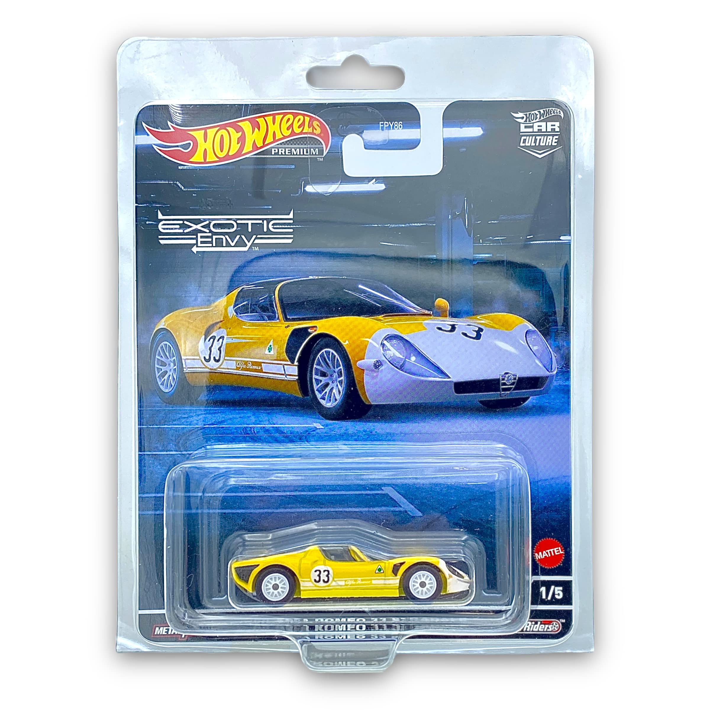 Hot Wheels Premium Real Riders - '69 Alfa Romeo 33 Stradale - 1/5 Exotic Envy (Yellow) - 2022 *** COMES IN A KLAS CAR KEEPER PROTECTIVE COLLECTORS CASE *** HCJ91