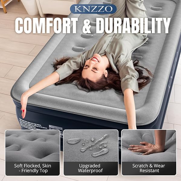 KNZZO TWIN AIR MATTRESS WITH BUILT-IN PUMP, 18″ TOP INFLATABLE MATTRESS WITH WATERPROOF FLOCKING FABRIC, THREE-MINUTE QUICK-INFLATABLE BED. PORTABLE BLOW UP MATTRESS FOR HOME, OUTDOOR AND GUESTS