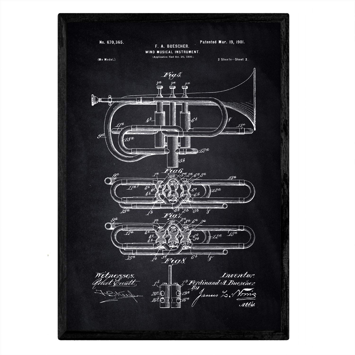 Nacnic Poster patent Trumpet 2. Foil with old design patent in A3 size with black background