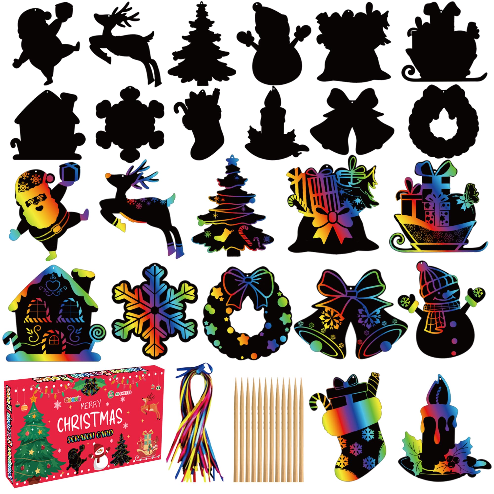 Photo 1 of **4 pack**Stocking Stuffers - 48 PCS Rainbow Scratch Paper Cards Set | Christmas Crafts Toys Game for Kids - Christmas Gifts Ornaments Party Favors Decorations Supplies for Grandkids - Toddler Stocking Stuffers