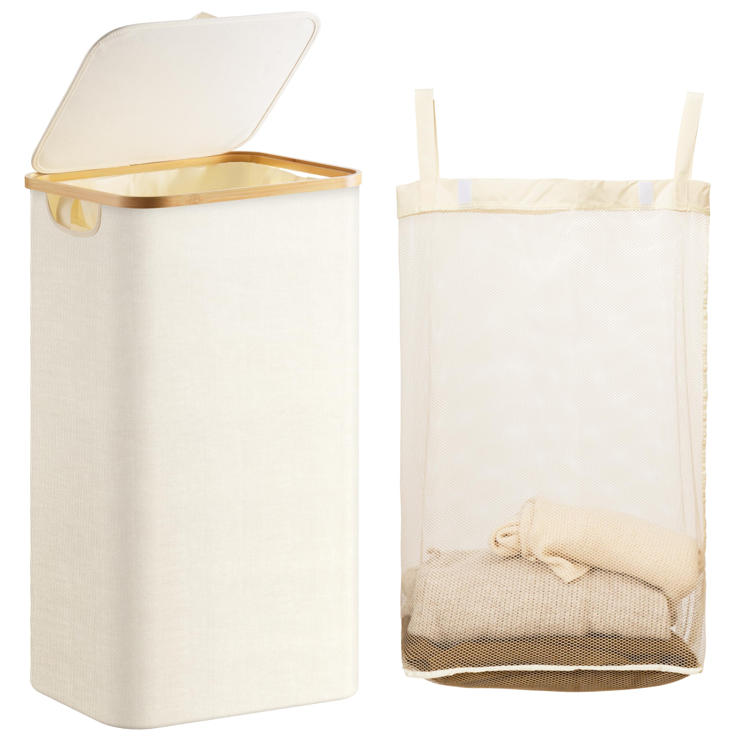 Famyards Laundry Hamper with Lid, 100L Large Laundry Basket with Bamboo Handles and Removable Inner Bag, Collapsible Dirty Clothes Hamper Laundry Bin for Bathroom, Bedroom, Dorm Laundry Room(Beige)