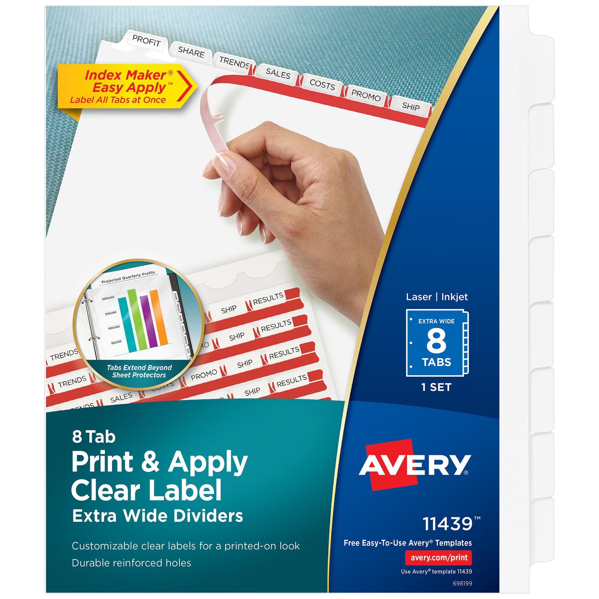 Avery 8-Tab Extra Wide Binder Dividers, Easy Print & Apply Clear Label Strip, Index Maker,White, 1 Set (11439)