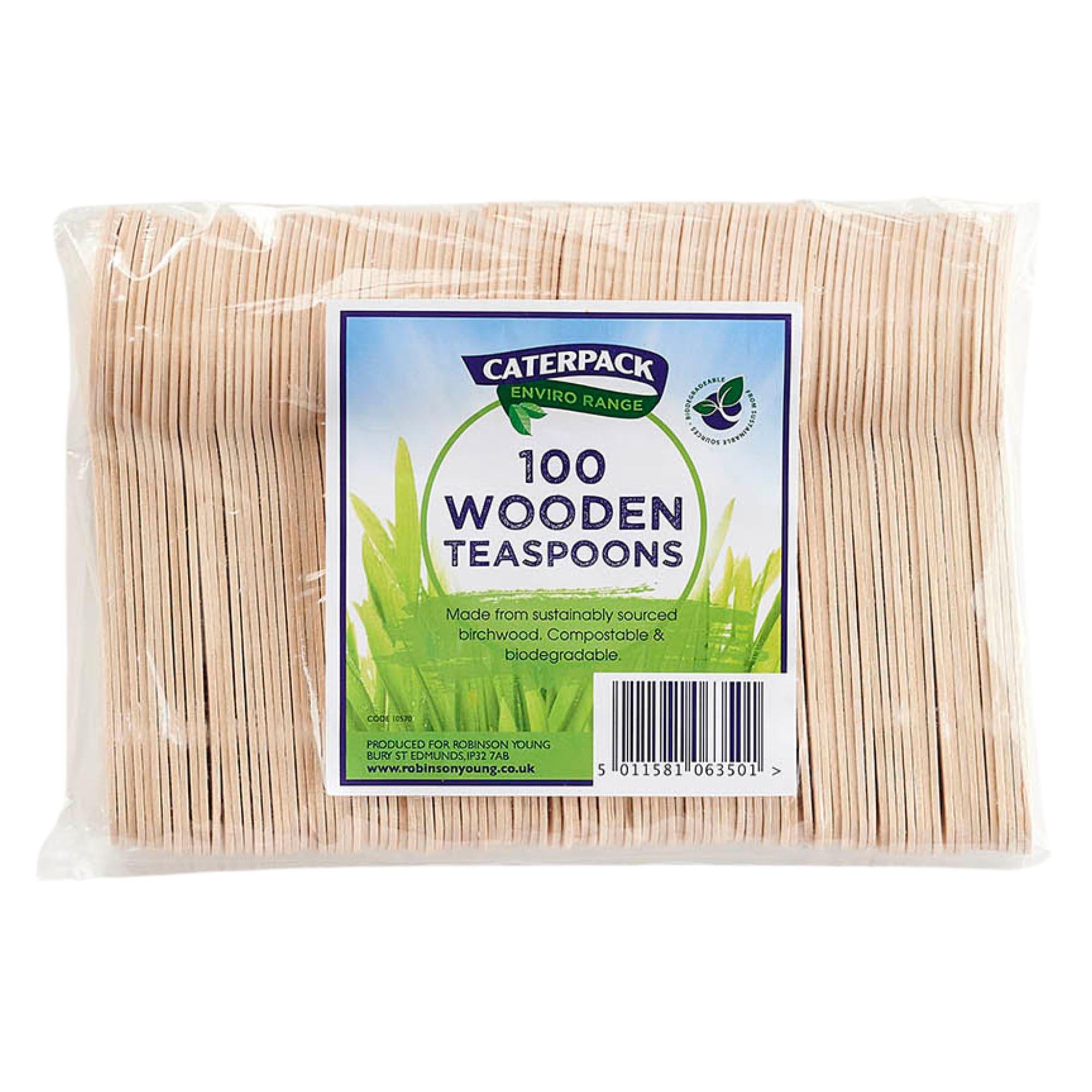 Caterpack Enviro Range 100 Wooden Teaspoons, Biodegradable/compostable/Disposable Wooden teaspoons, 100% Birchwood/eco Friendly Ideal for Catering/picnics/Parties/Camping