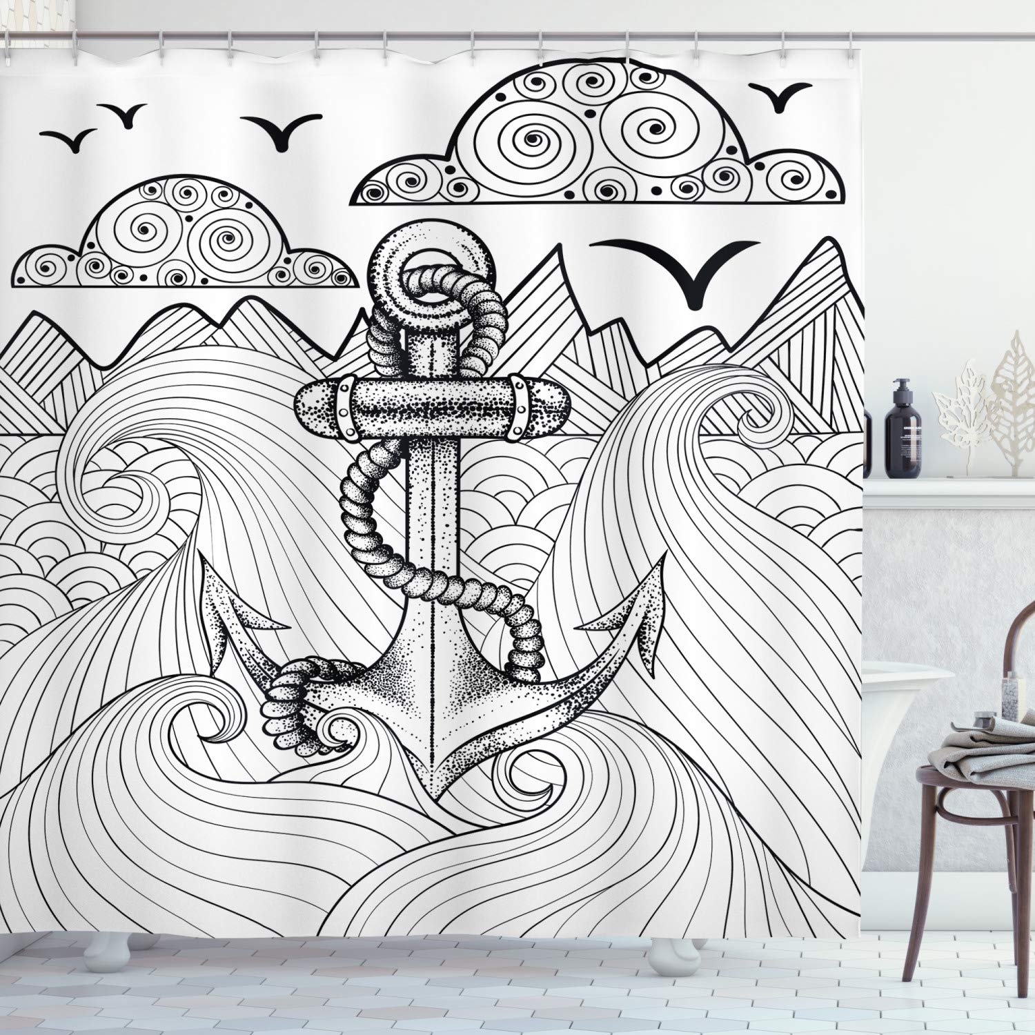ABAKUHAUS Anchor Shower Curtain, Zentangle Style Ocean and Clouds Hand Drawn Arrangement Marine Theme, Cloth Fabric Bathroom Decor Set with Hooks, 175 x 200 cm, Black And White — image 1