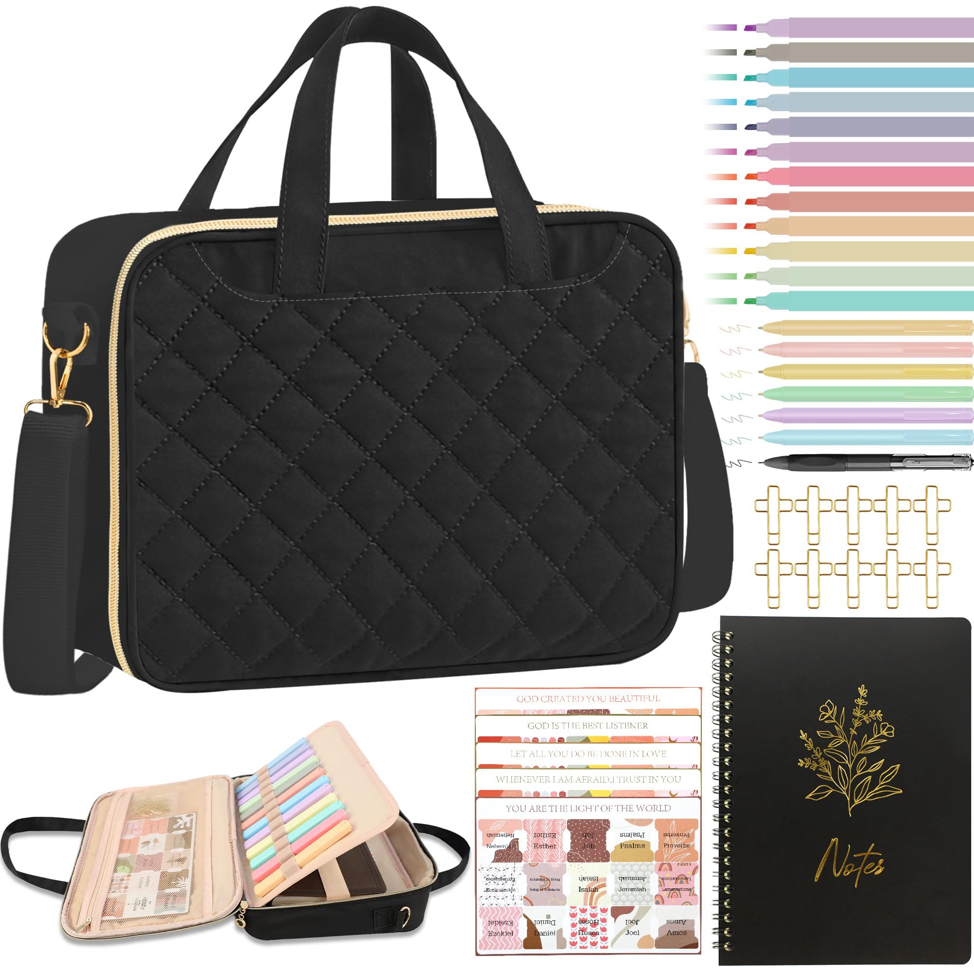Photo 1 of PUGPIU Bible Cover Case for Women, Large Quilted Bible Bag with Shoulder Strap and Handle, Bible Study Supplies Journaling Kit with Highlighters Pens No Bleed Tabs Notebook Cross Clips (Black)