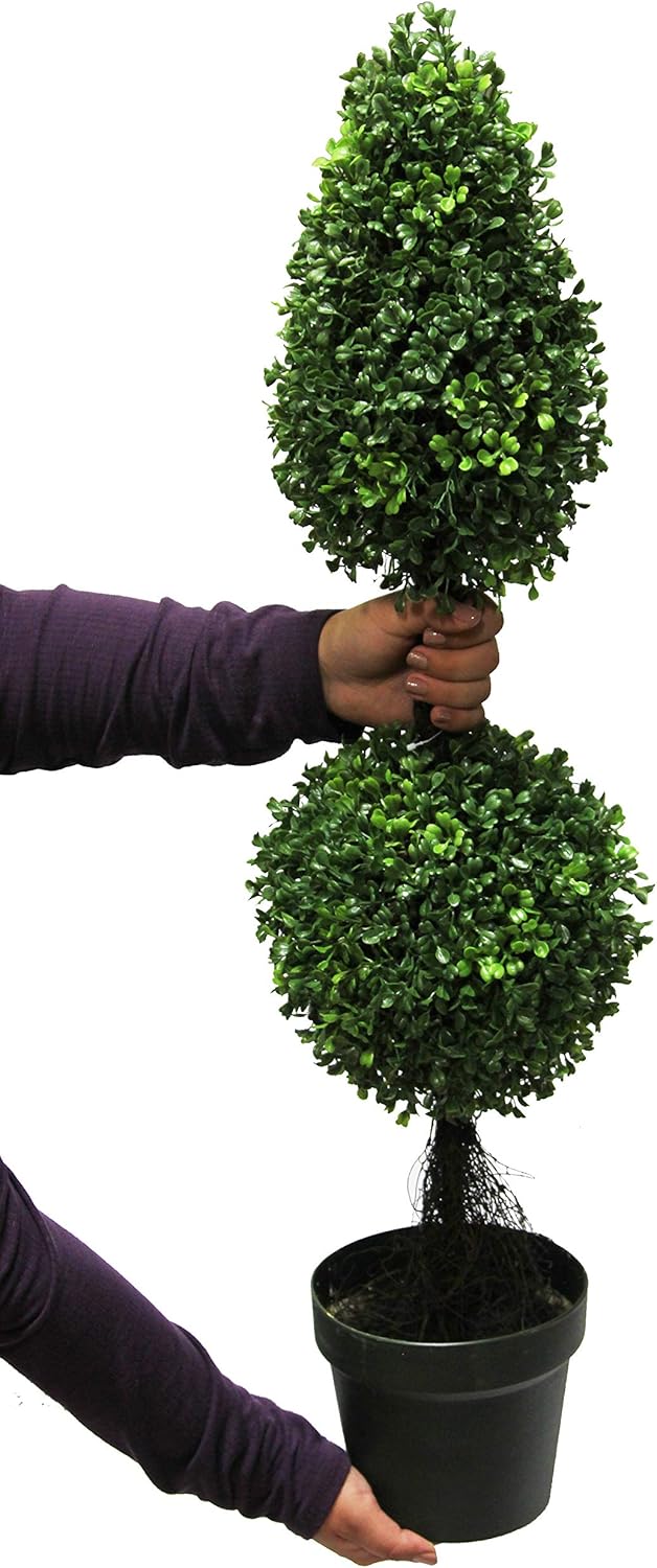 Admired By Nature 3’ Artificial Boxwood Leave Double Ball Shaped Topiary Plant Tree in Plastic Pot, Green/Two-tone- Set of 2 -